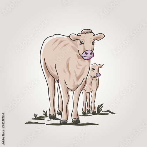 mother cow and calf retro vector illustration. mother cattle and calf vintage vector graphic design