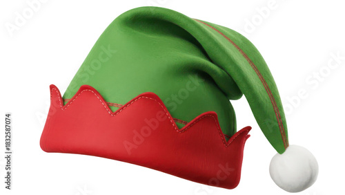 A festive elf hat with a green top, red trim, and a white pom-pom, perfect for Christmas celebrations.
