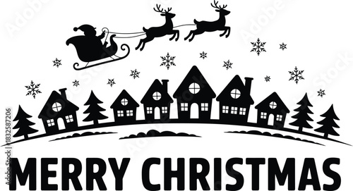 Black silhouette of Santa in sleigh with reindeer over village and snowflakes