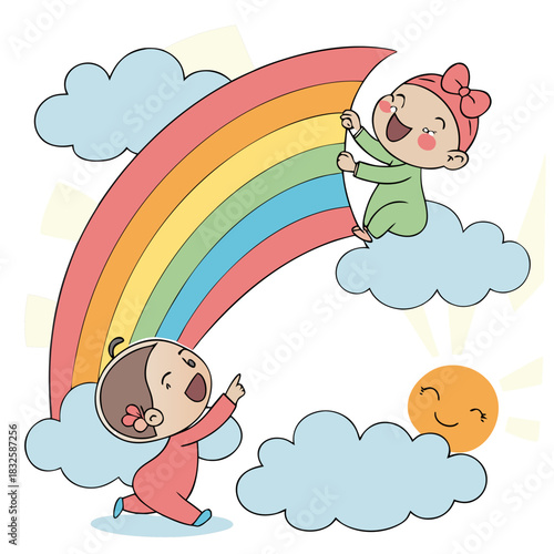 baby girl flying in the clouds