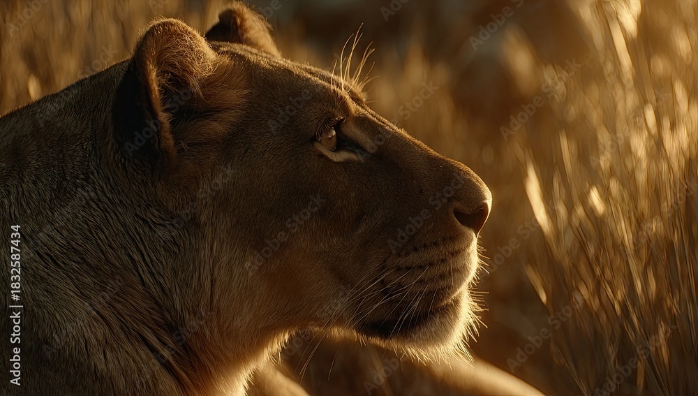 Naklejka premium Majestic lioness rests in golden grasses at sunset.