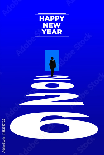 Businessman walking toward a bright 2026 door for a fresh start and new opportunities.