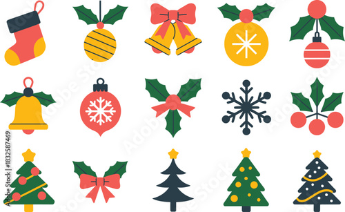 Christmas icons stocking bell snowflake tree holly berry