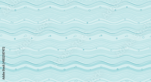 A calming seamless pattern of stylized blue water waves with delicate lines and floating bubbles, perfect for a tranquil background.