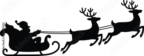 Black silhouette of Santa Claus in a sleigh pulled by reindeer