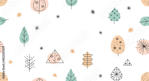 A seamless and minimalist Scandinavian-style winter pattern with cute geometric trees and snowflakes in soft pastel colors.