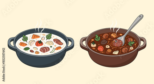 An isometric illustration of two hot, steaming pots of delicious stew, featuring a creamy white version and a rich brown beef stew.