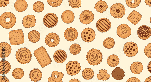 A delicious seamless pattern of assorted hand-drawn cookies and biscuits, perfect for bakery-themed backgrounds and packaging design.