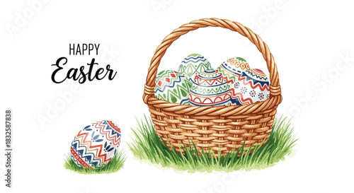 A charming watercolor illustration of a wicker basket full of colorful decorated eggs for an Easter egg hunt, with Happy Easter text.