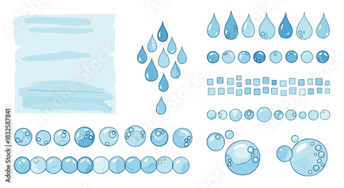 A delightful set of watercolor water elements, including various drops, bubbles, and textures, perfect for cute and fresh designs.