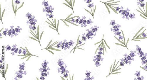 A beautiful and elegant seamless pattern with delicate lavender flower sprigs on a clean white background, ideal for floral textiles.