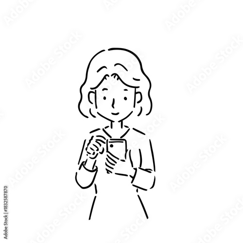 線画・俯いてスマホを操作している若い女性