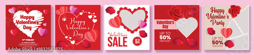 Valentine’s Day celebration party promotional social media posts pack, web banner advertisements, heart square poster designs, greeting card and invitation template vector illustration collection