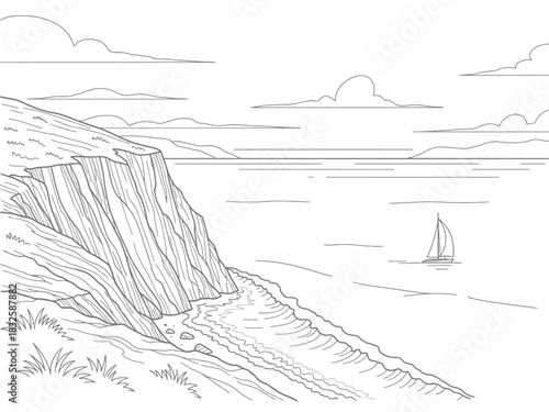 Coastal Cliff Line Art with Sailboat on the Water