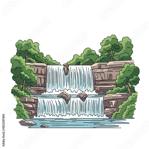 Cartoon Waterfall with Rocks and Green Trees Illustration
