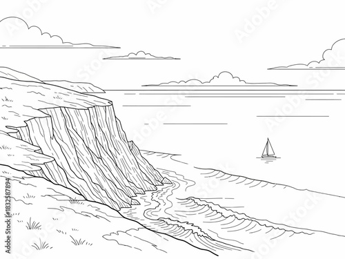 Coastal Cliff Line Art with Ocean Waves and Sailboat