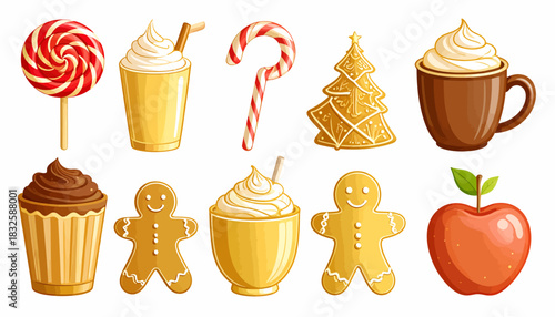 Collection of Christmas-themed sweets and beverages, including lollipops, candy canes, cupcakes, gingerbread men, hot chocolate, and apple