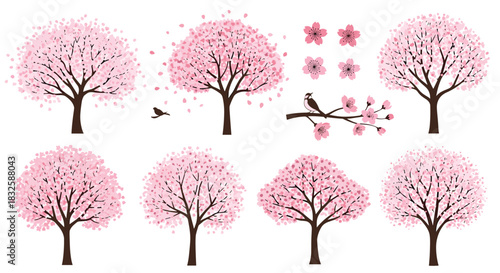 A beautiful set of Japanese cherry blossom trees in various stages of bloom, with falling petals and a bird on a sakura branch.