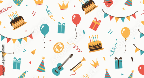 A festive and seamless birthday party pattern with colorful cakes, balloons, gifts, and confetti on a light cream background.