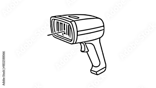 A black and white line drawing of a handheld barcode scanner, showing the laser beam and trigger mechanism.