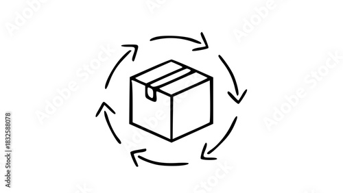 A simple line drawing illustration of a cardboard box surrounded by circular arrows, representing recycling or a closed-loop system.