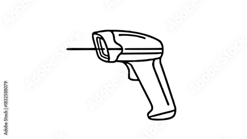A line drawing illustration of a barcode scanner with a laser beam emitting from the device.