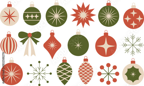 Red Green Beige Christmas Ornaments and Snowflakes