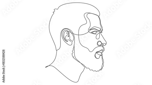 Modern one line art drawing of bearded man profile for logo or fashion prints