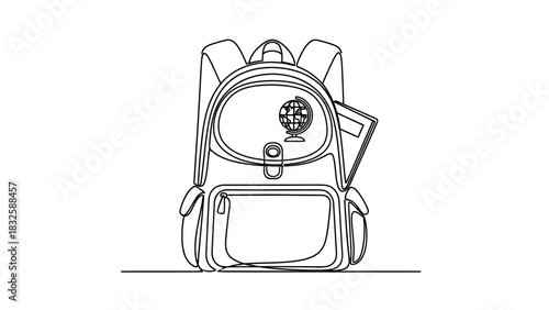 Back to school backpack single line art with globe and book for education design