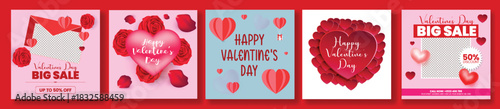 Creative Happy Valentine’s Day sale discount promotional social media posts pack, advertising web banner, romantic square flyer design bundle, celebration greetings card vector illustration template