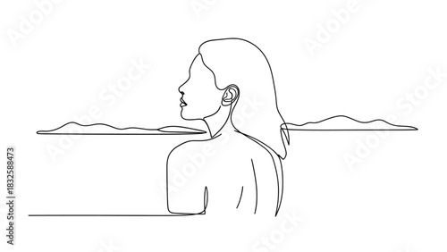 Elegant line art of a woman overlooking a serene landscape, minimalist design