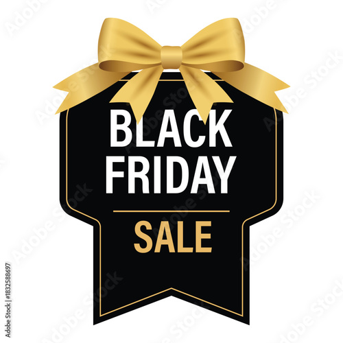 Black Friday sale ribbon banner tag design with golden bow for shopping deals and promotional discount marketing campaign