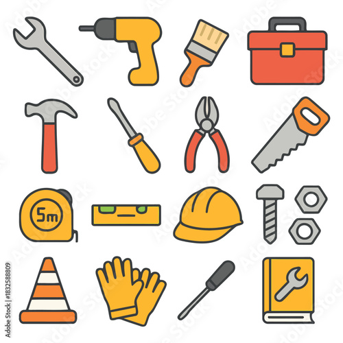 Toolkit of Essential Tools: A colorful, well-organized collection of construction and repair tools arranged neatly. Depicting the fundamental implements for building, fixing.