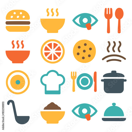 Culinary Array of Delights: A collection of appetizing culinary icons, showcasing a delicious variety of food items, all vibrant, colorful, and inviting.