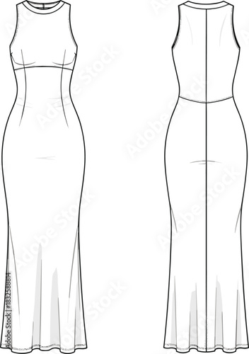 CAD drawing flat vector illustration of sleeveless fitted maxi dress design, technical fashion sketch, garment template, elegant clothing pattern for designers