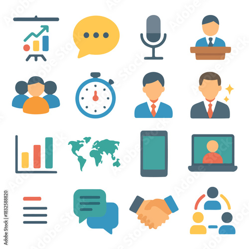 Business Icon Array: A collection of diverse and vibrant business-related icons that depict various aspects of corporate environments, facilitating effortless visual communication of work, concepts.
