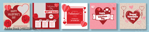 Valentine’s Day gift sale promo advertisements for social media posts pack, web banner designs, square flyer and poster bundle, celebration greetings and wishes card vector template background