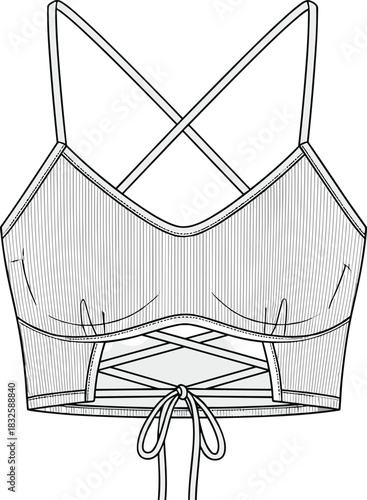 Fashion technical flat sketch of a strappy crop top with crossback design, ribbed texture, lace-up detail, CAD illustration vector drawing