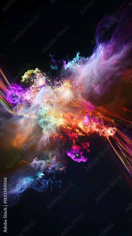Naklejka premium Floating fractal nebula with vibrant rainbow light trails and volume topaz, creating an ethereal and mesmerizing visual experience in abstract art