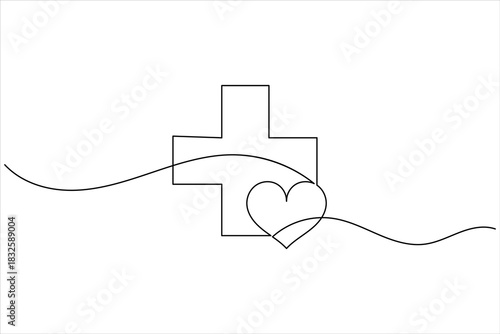 Continuous line drawing of medical cross and heart symbol