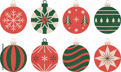 Eight Christmas ornaments with festive patterns bauble