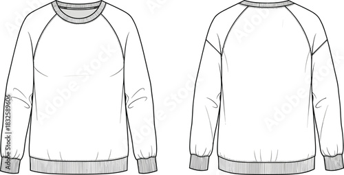 Raglan sleeve sweatshirt technical flat, vector apparel sketch, detailed garment outline drawing, fashion design template, crewneck pullover CAD illustration for clothing designers