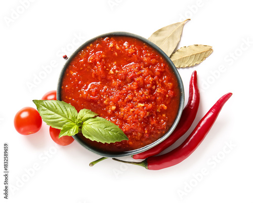 Spicy red chili sauce in bo...