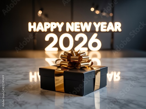 A beautifully wrapped gift box with a golden ribbon sits on a reflective surface under the glowing neon text happy new year 2026