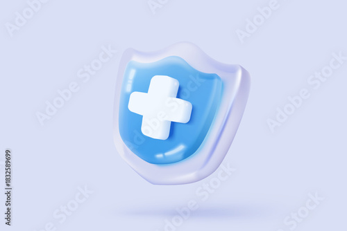 3d blue plus sign icon on the white background. Cartoon icon of first aid and health care with minimal style. Medical symbol of emergency help. 3d aid vector render illustration
