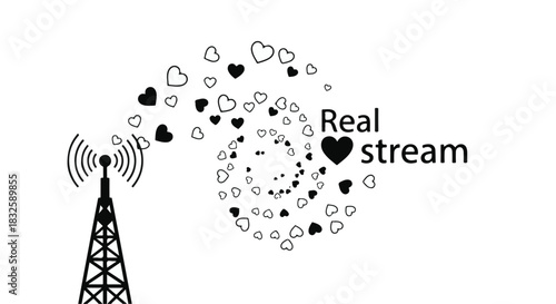 Communication tower broadcasting love and connection through a swirling stream of hearts.