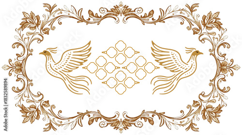 Decorative Golden Birds Fly Within An Ornate Floral Frame Embodying Elegance And Classic Design
