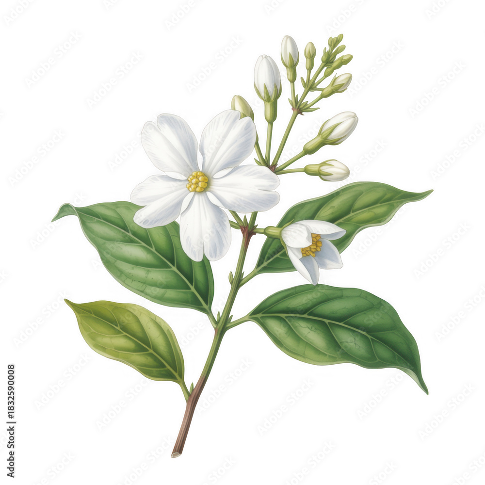 Obraz premium Detailed illustration of a flowering branch with white jasmine blossoms and green leaves isolated on a transparent background
