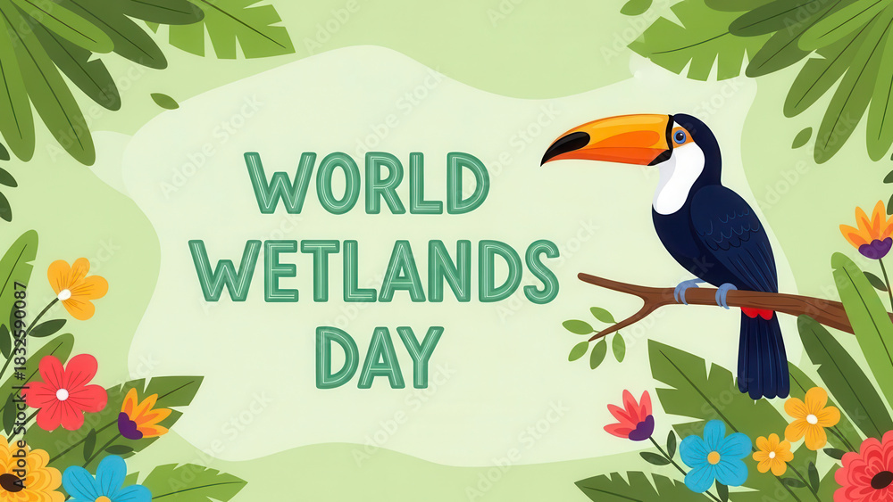 Fototapeta premium Vibrant toucan perched amidst lush tropical foliage celebrating world wetlands day