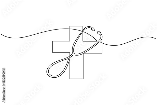 Stethoscope in one line drawing over cross, health and faith
